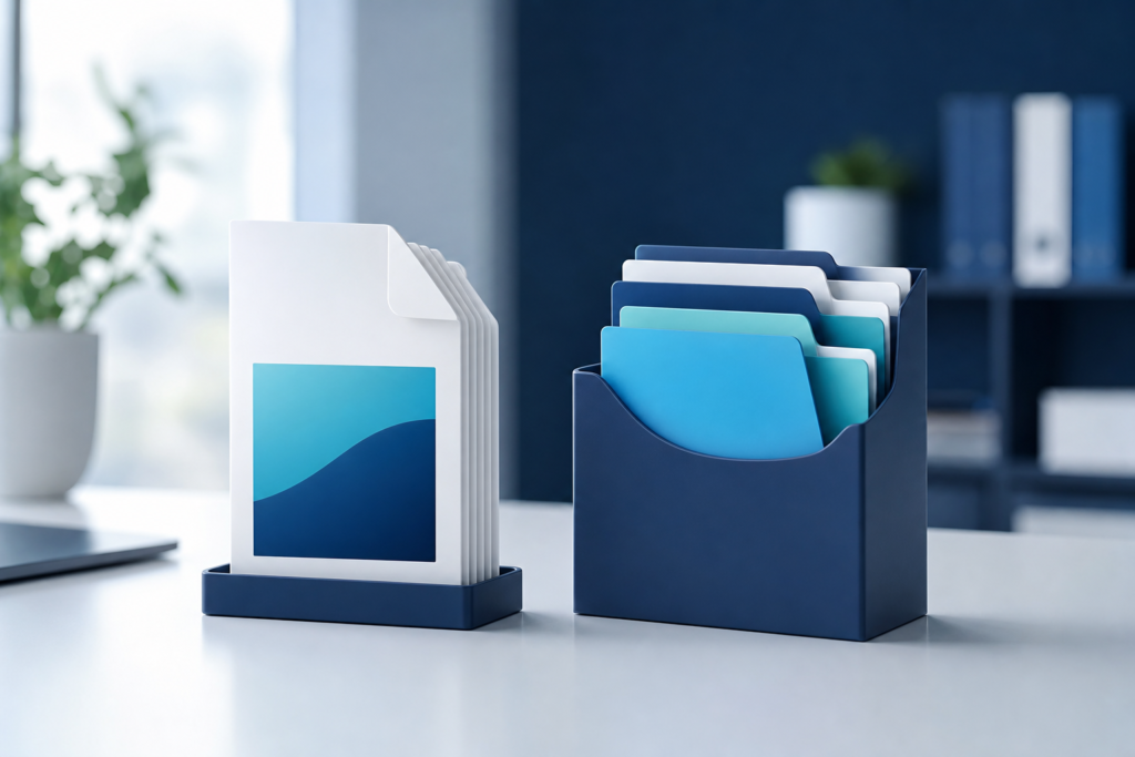 Editorial illustration comparing a merged PDF document with a PDF portfolio