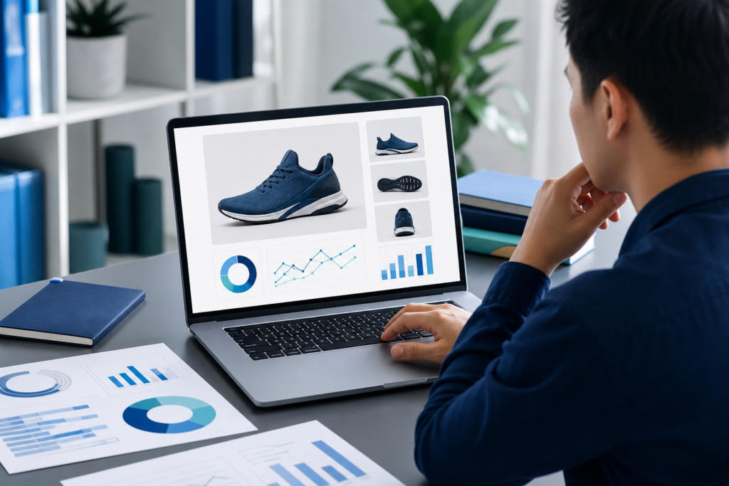 Professional editorial image of an online retailer reviewing product page optimization on a laptop