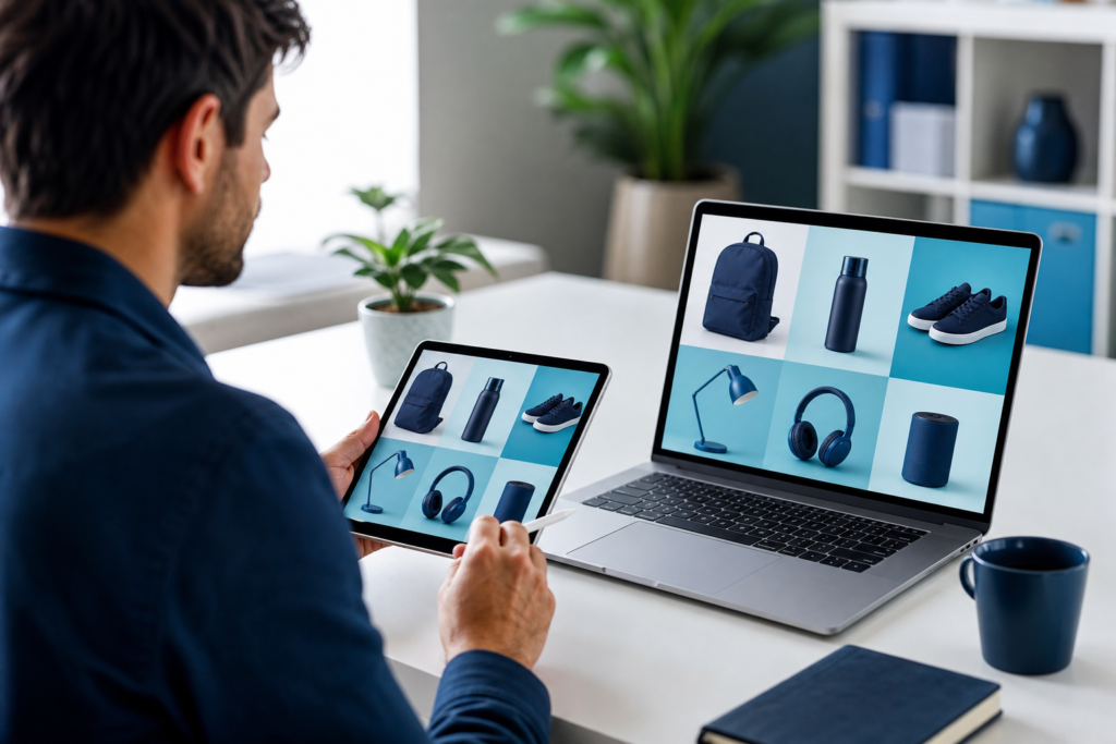 Online retailer reviewing a product page optimization checklist on a laptop and tablet