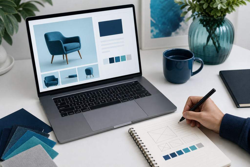 Team reviewing a product page optimization checklist on a laptop in a clean workspace