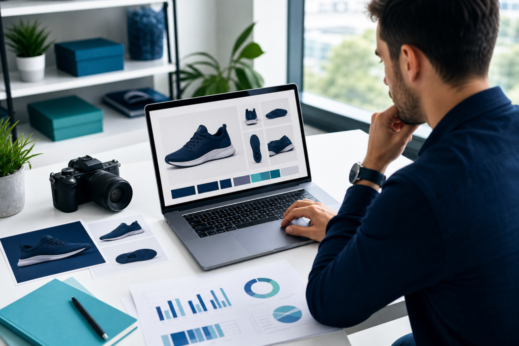 E-commerce specialist reviewing product page optimization strategy in a modern workspace