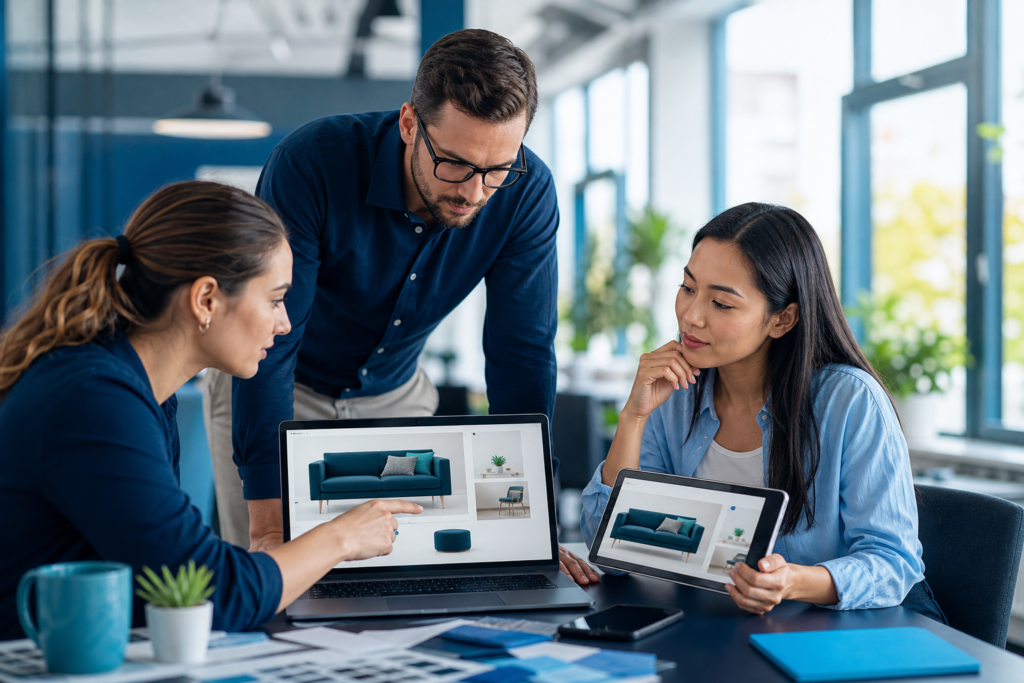 E-commerce team reviewing product page optimization on digital devices