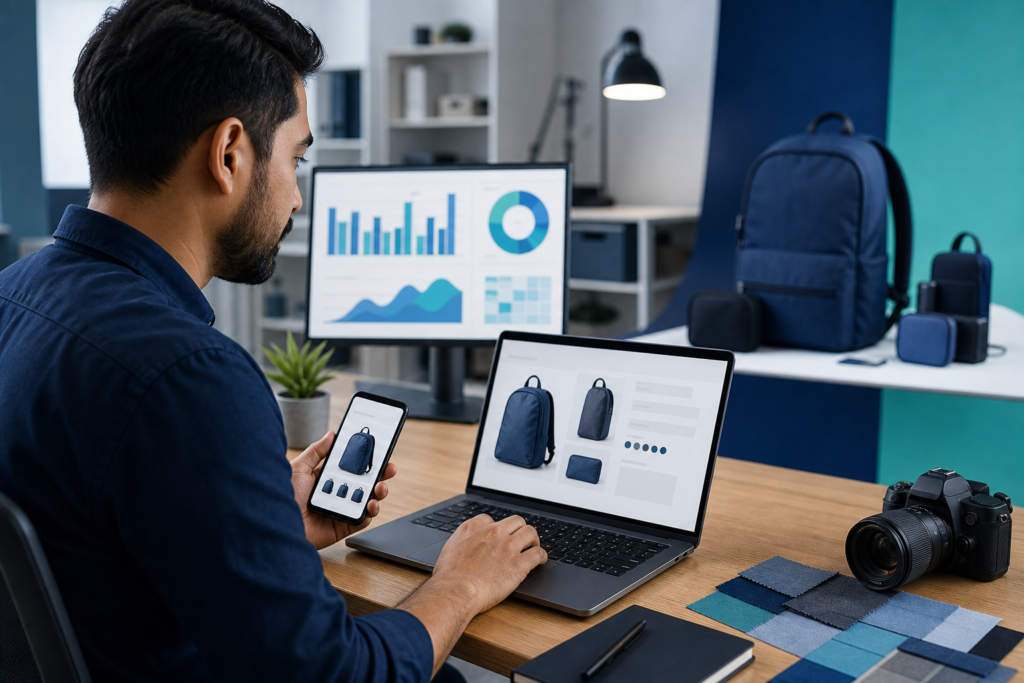 Online retailer reviewing product page optimization on laptop and smartphone