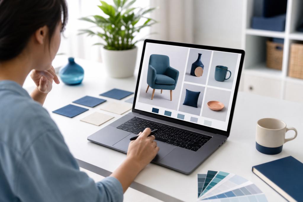 Professional editorial image of an e-commerce product page strategy review on a laptop
