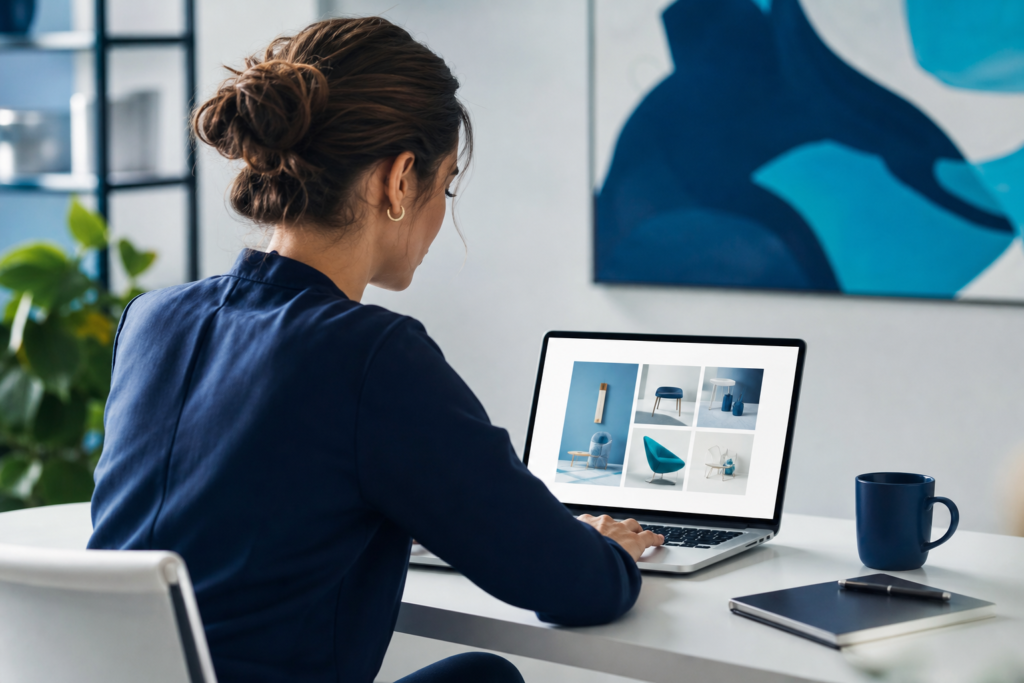 Ecommerce specialist reviewing product page optimization on a laptop