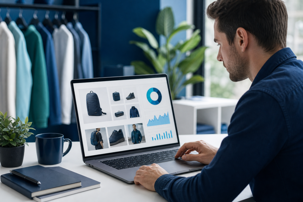E-commerce specialist reviewing product page optimization options in a modern workspace