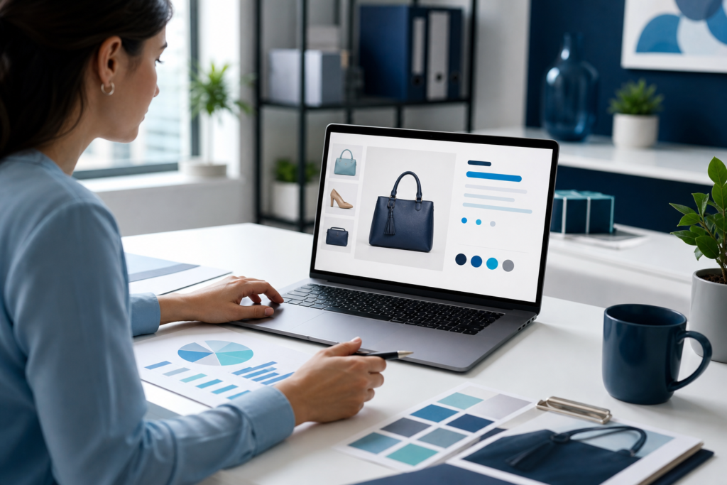 Professional editorial scene showing ecommerce product page optimization planning in a modern workspace