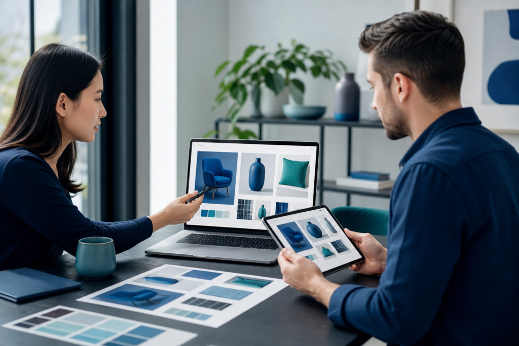 Professional editorial scene showing a team reviewing online retail product page optimization ideas