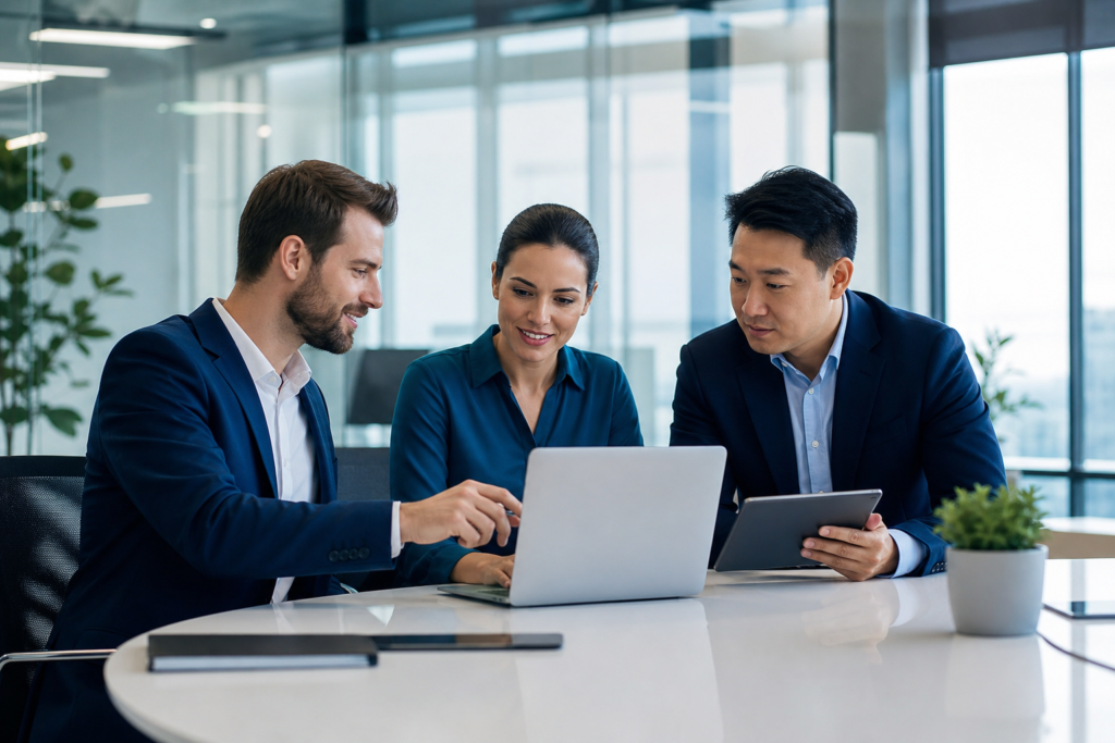 Business team reviewing a progressive web app on laptop and tablet in a modern office