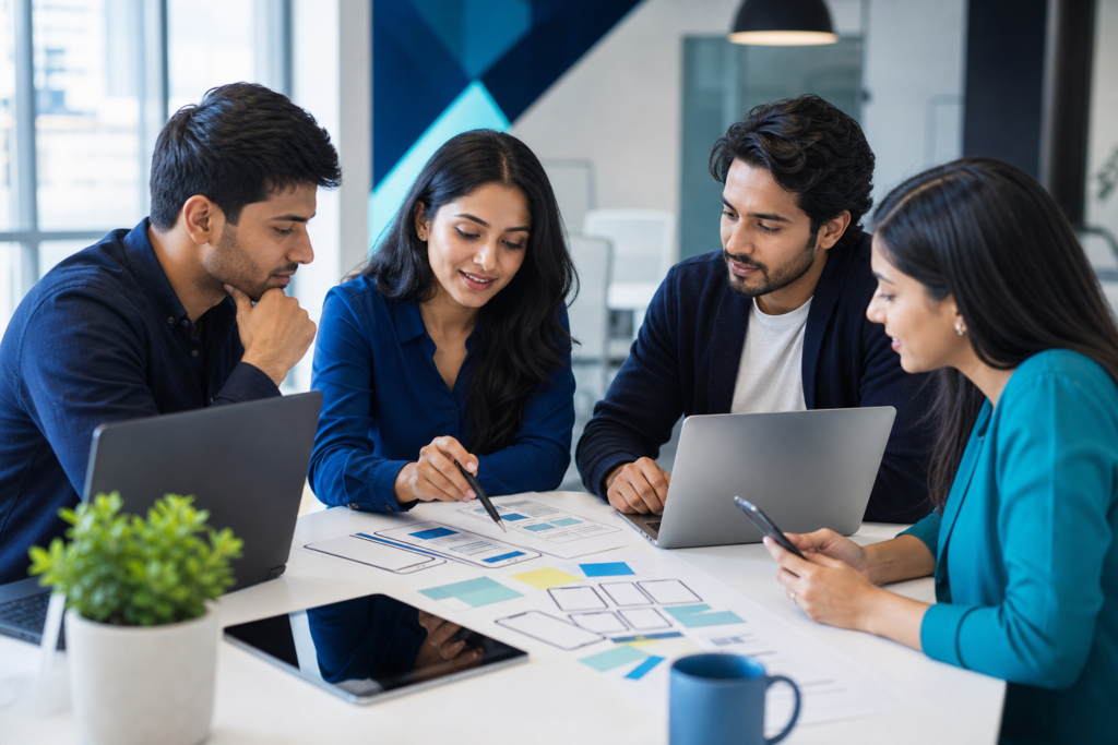 Startup team planning a progressive web app strategy in a modern workspace