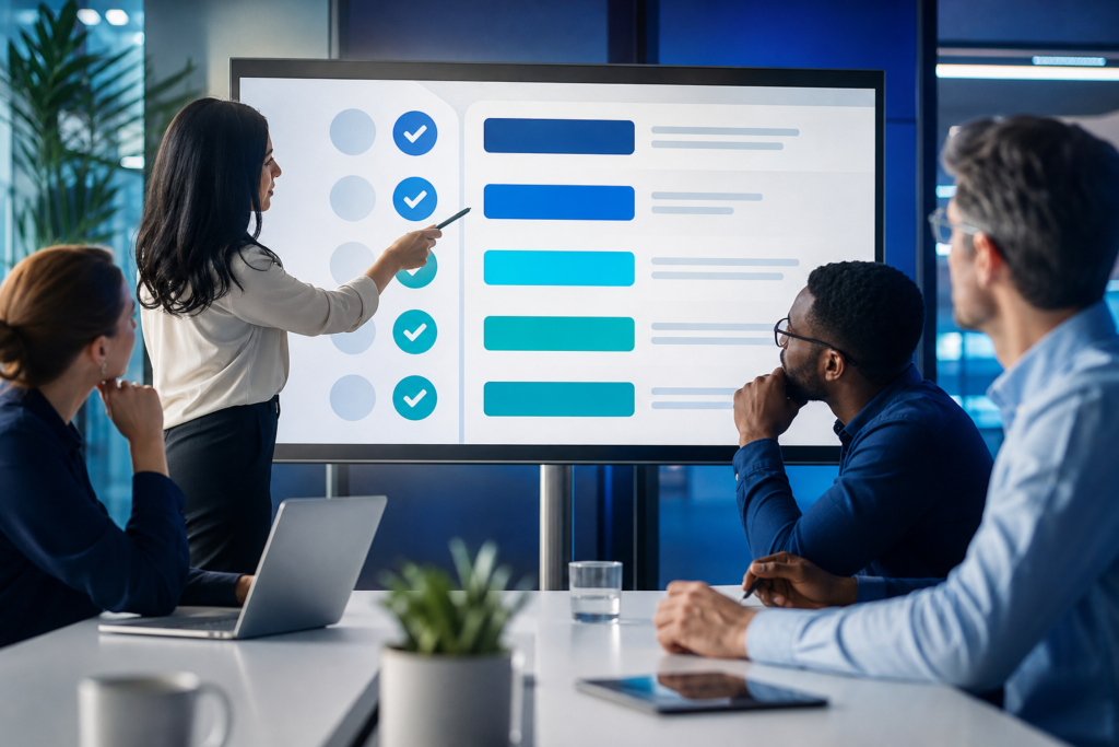Enterprise team reviewing a progressive web app checklist on a modern workspace screen