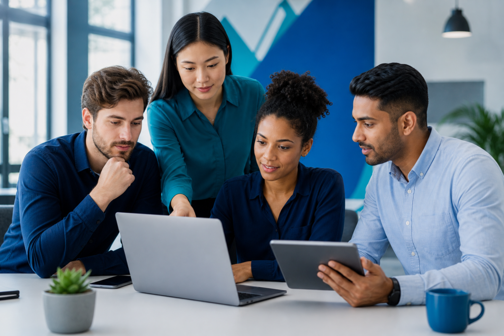 Startup team reviewing a progressive web apps checklist on laptop and tablet