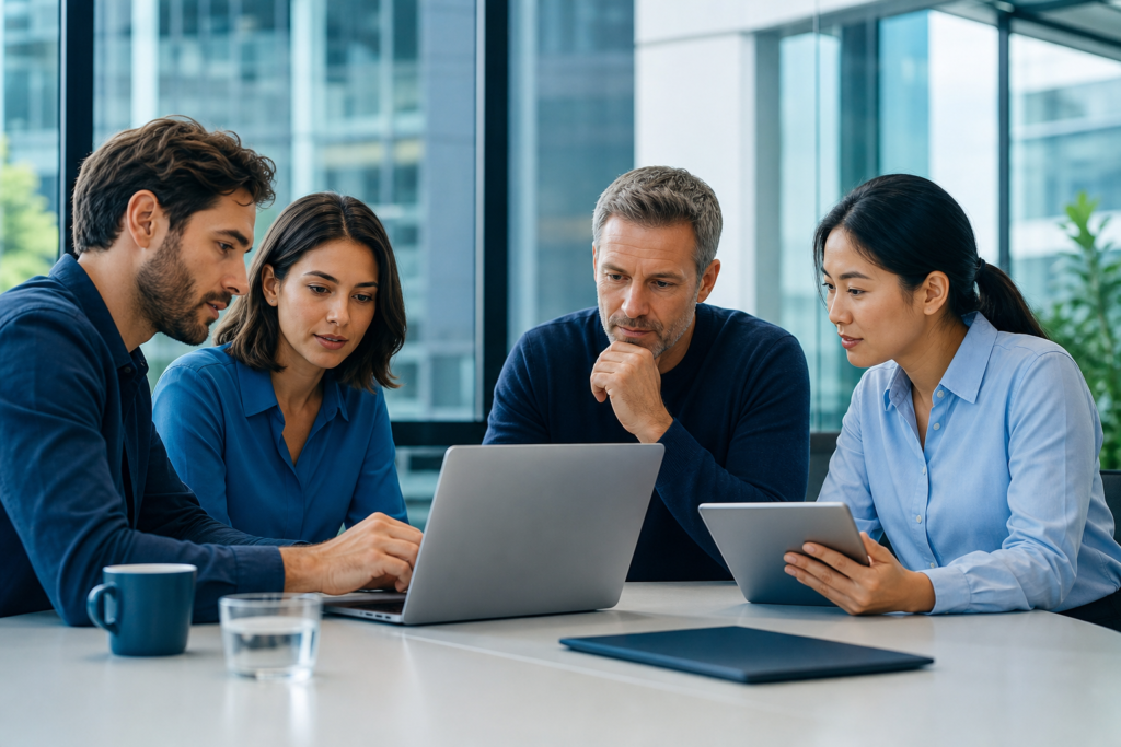 Business team planning a progressive web app project in a meeting room