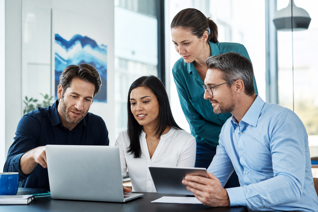 Team discussing progressive web apps strategy in a modern office