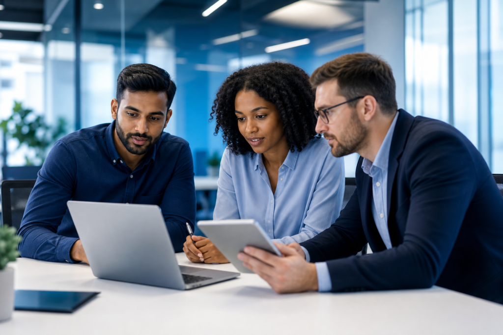 Enterprise team discussing a progressive web app strategy in a modern office