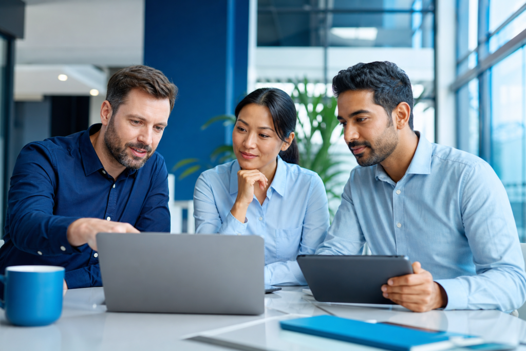 Business team reviewing a progressive web app strategy in an office