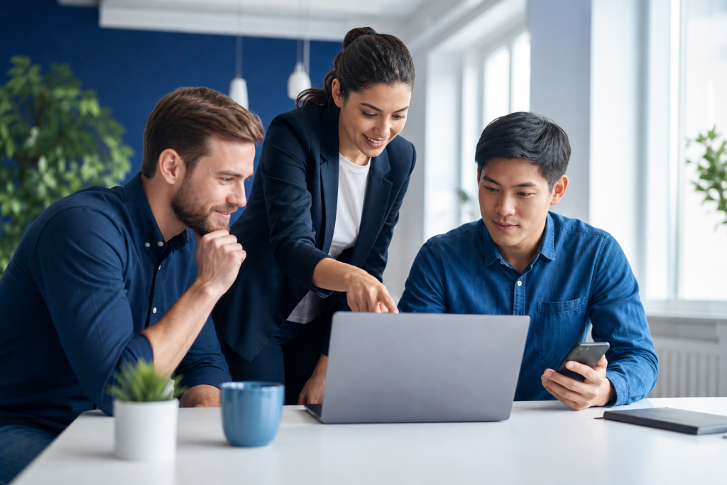 Startup team discussing progressive web app strategy in a modern office