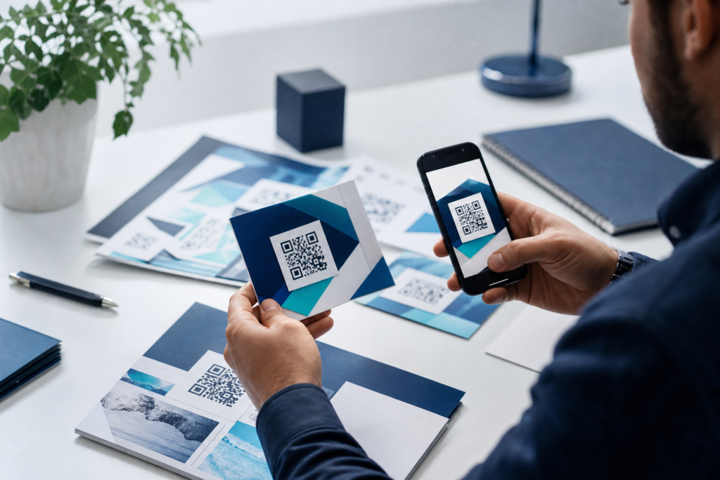 Professional workspace with a person testing a QR code using a smartphone