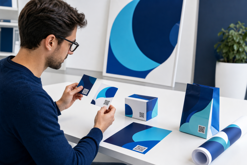 Business cards, poster, and packaging mockups showing QR code placement and sizing guidance