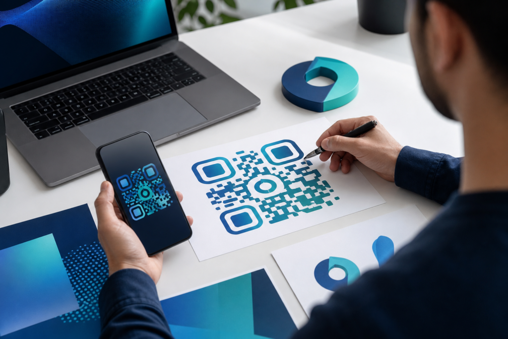 Professional workspace showing the process of creating a QR code with a logo