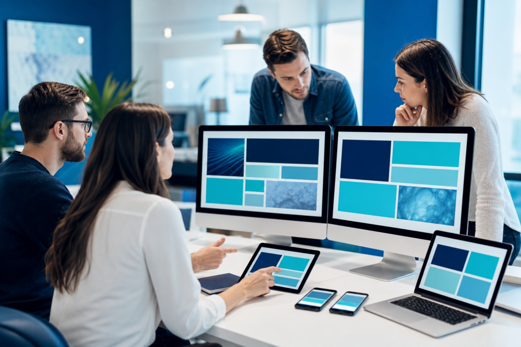 Enterprise team reviewing responsive web design layouts across desktop and mobile devices
