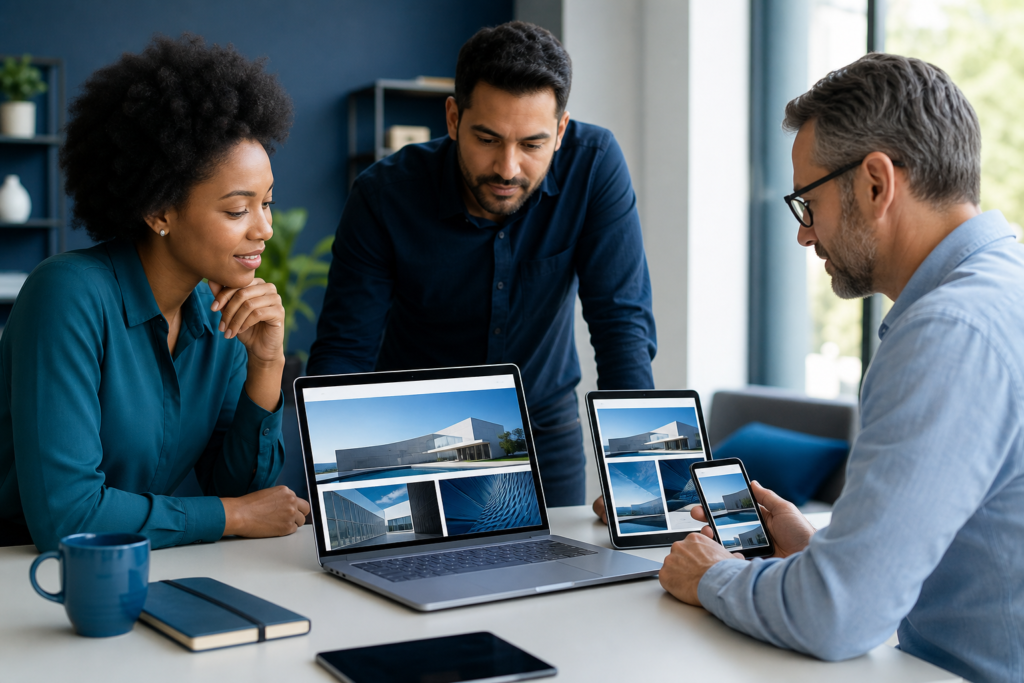Small business team reviewing a responsive website design on multiple devices