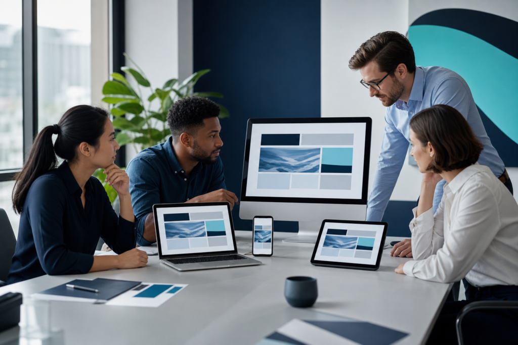 Enterprise team reviewing responsive web design layouts on multiple devices