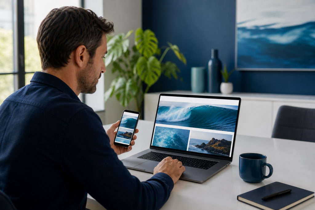 Small business owner reviewing a responsive web design on laptop and smartphone