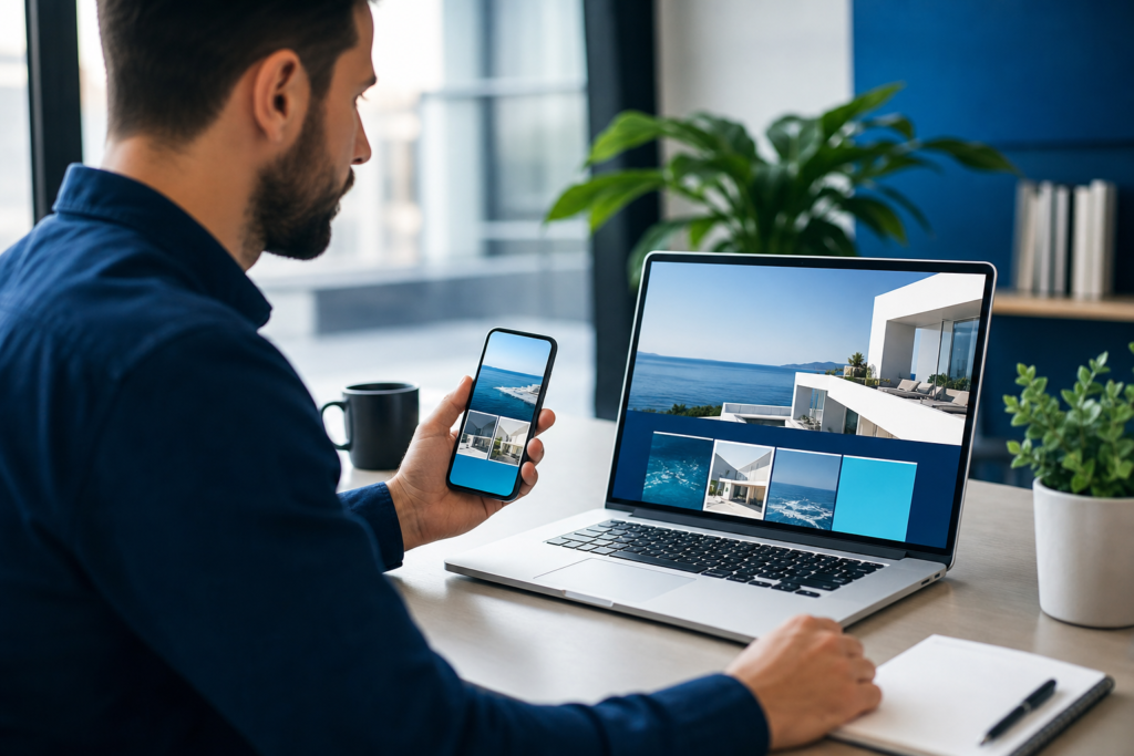 Small business owner reviewing a responsive website on laptop and smartphone
