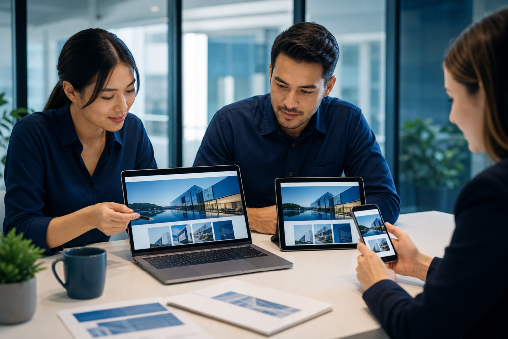 Enterprise team reviewing responsive web design across multiple devices