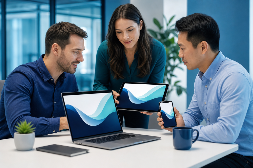 Small business team reviewing a responsive website on multiple devices
