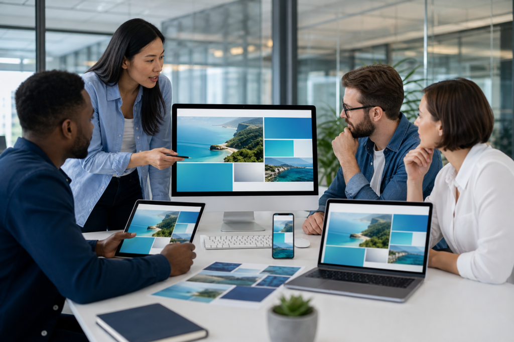 Enterprise team reviewing responsive web design layouts on multiple devices