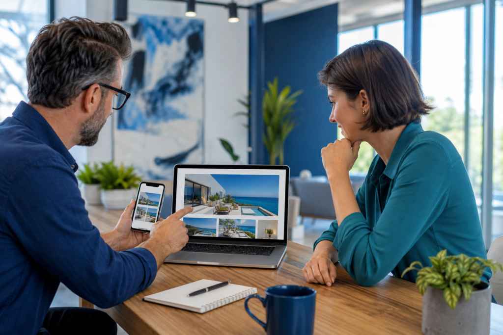 Small business team reviewing responsive web design on laptop and smartphone