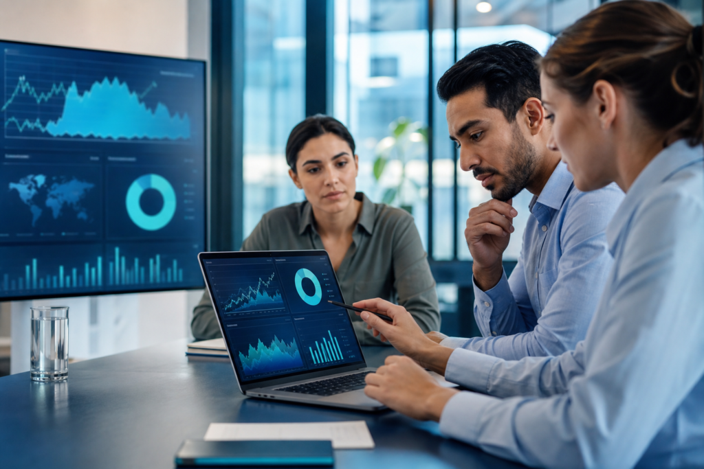 Team reviewing e-commerce SEO ROI metrics on analytics dashboards