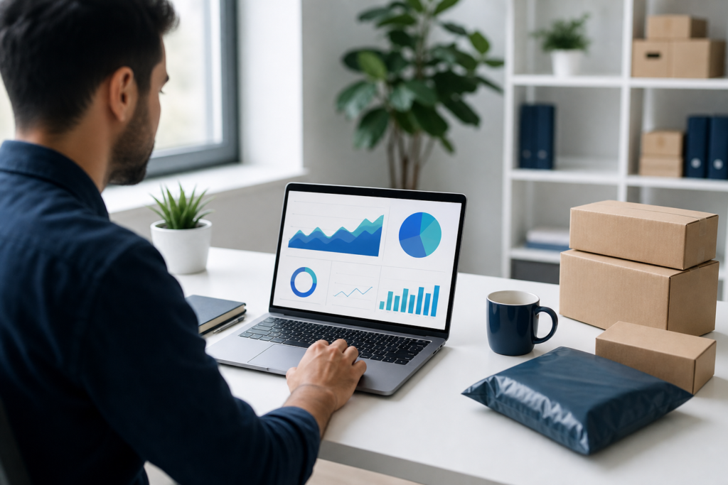 Online retailer analyzing e-commerce SEO ROI with analytics charts