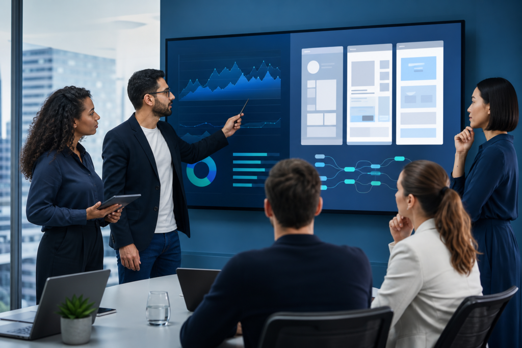 Enterprise team reviewing UX metrics to measure design ROI