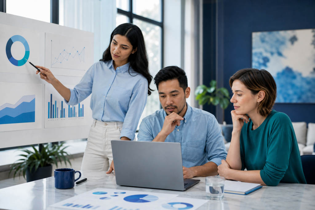 Startup team reviewing website planning ROI metrics in a modern office