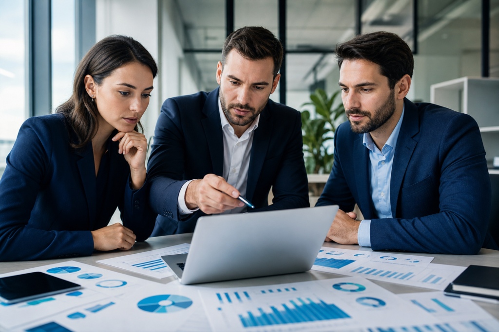 Business team reviewing website ROI metrics and growth planning