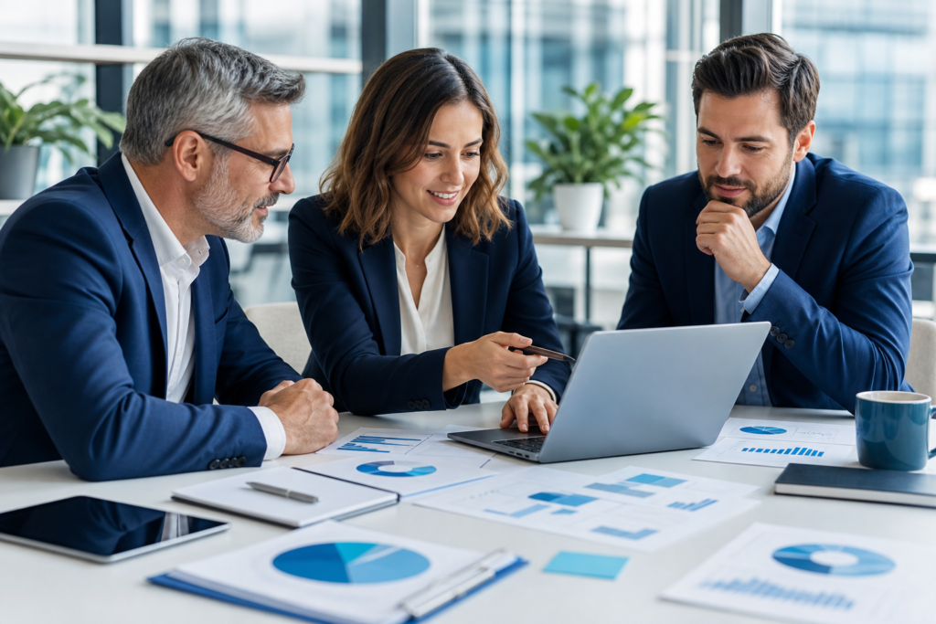 Business team reviewing SEO strategy for a business website