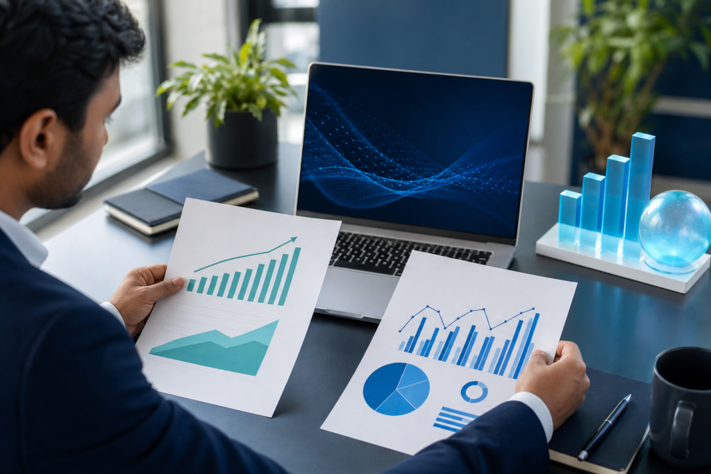 Business strategist comparing SEO and Google Ads ROI on a modern desk