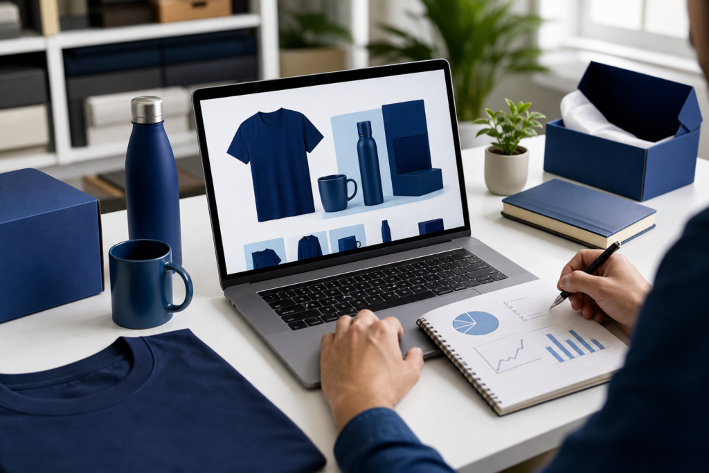 Online retailer reviewing Shopify store development plans on a laptop in a professional workspace