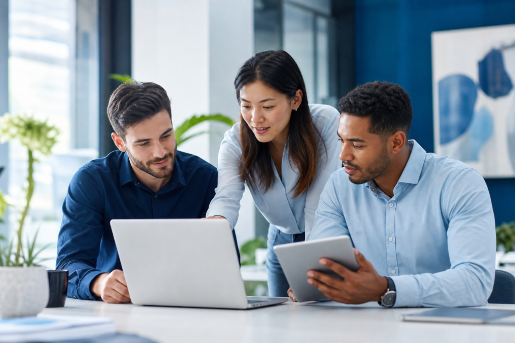 Editorial image of an ecommerce team planning Shopify development best practices on a laptop