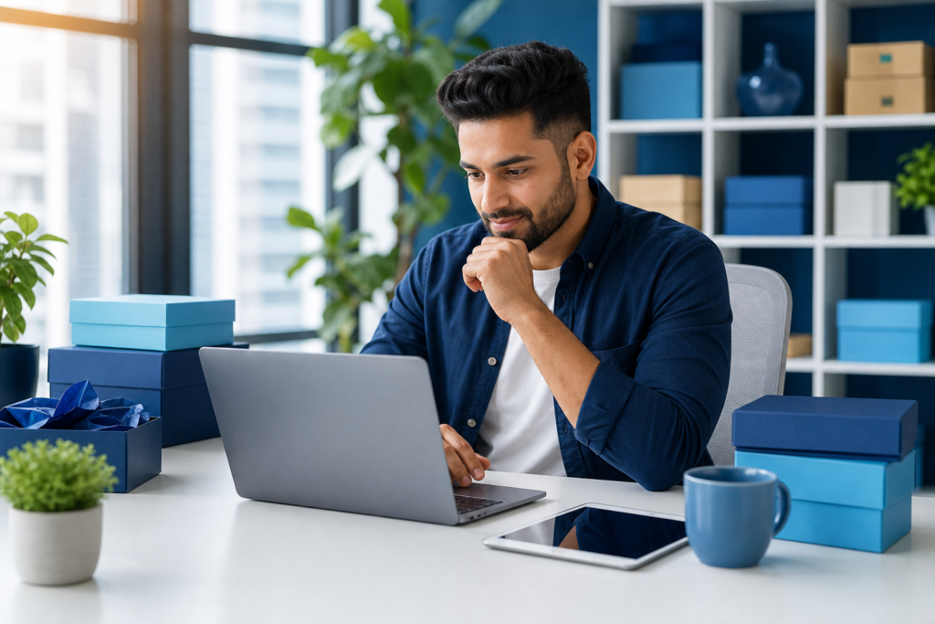 Ecommerce specialist reviewing a Shopify development checklist on a laptop