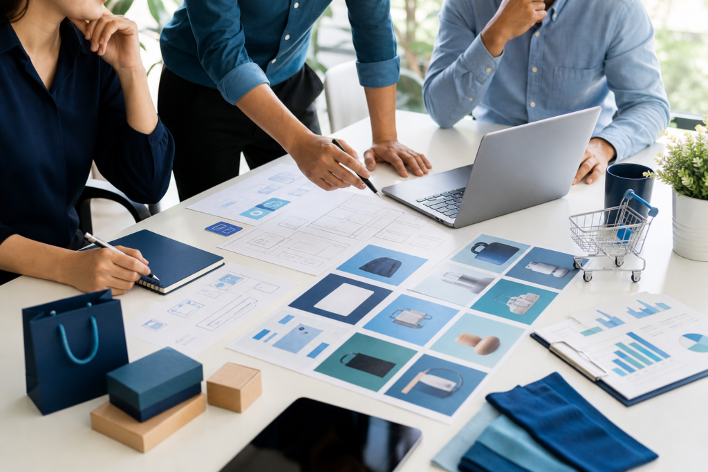 Business team planning a Shopify development project in a modern office