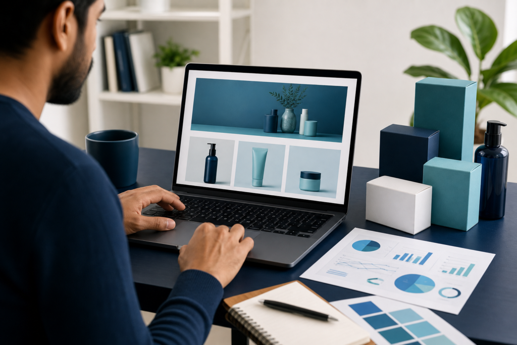 Ecommerce strategist planning Shopify store development costs on a laptop