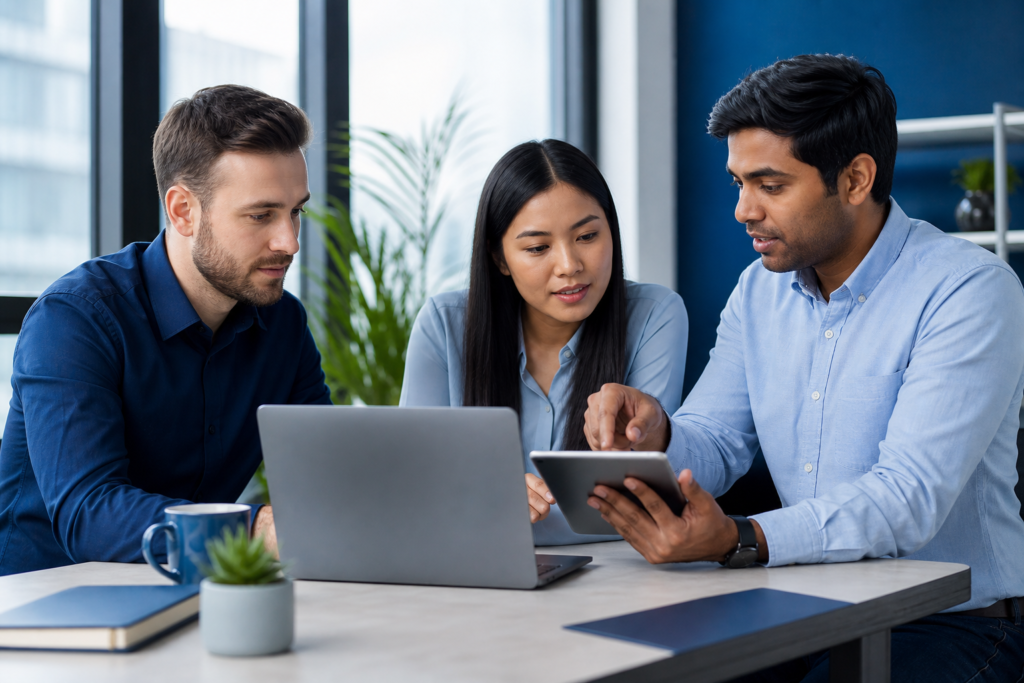 Editorial scene of a team planning Shopify development strategy for a growing brand