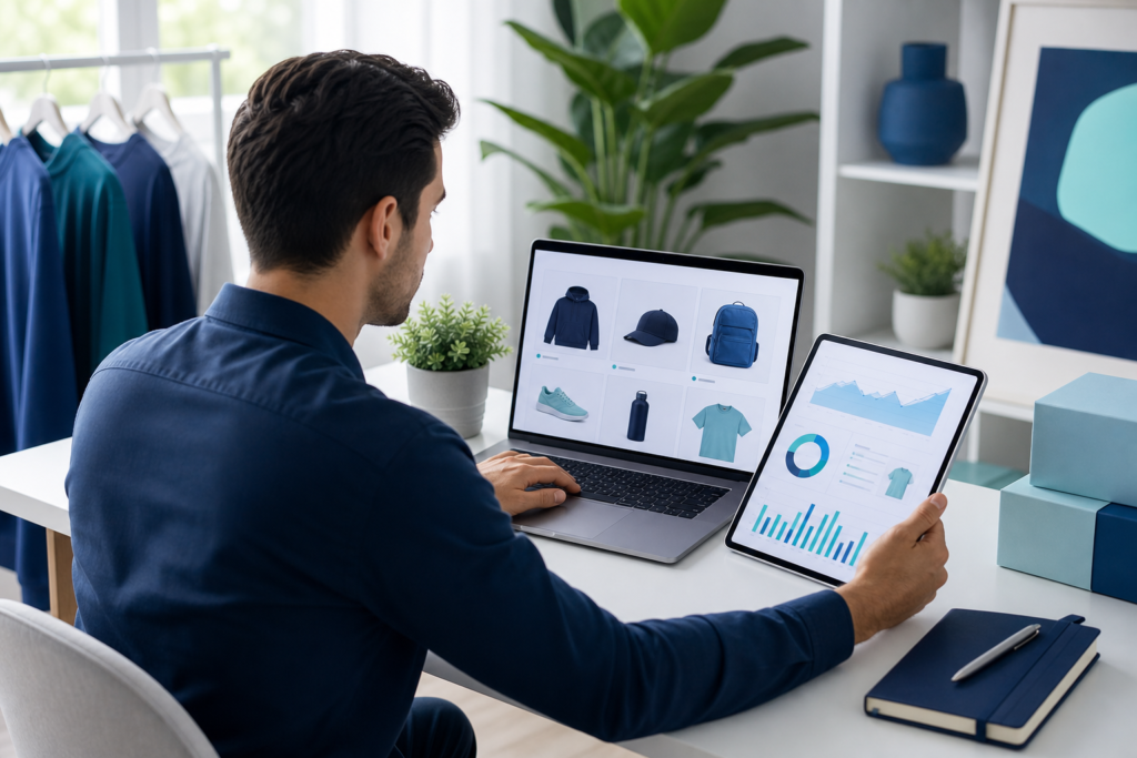 Online retailer reviewing Shopify development strategy on digital devices