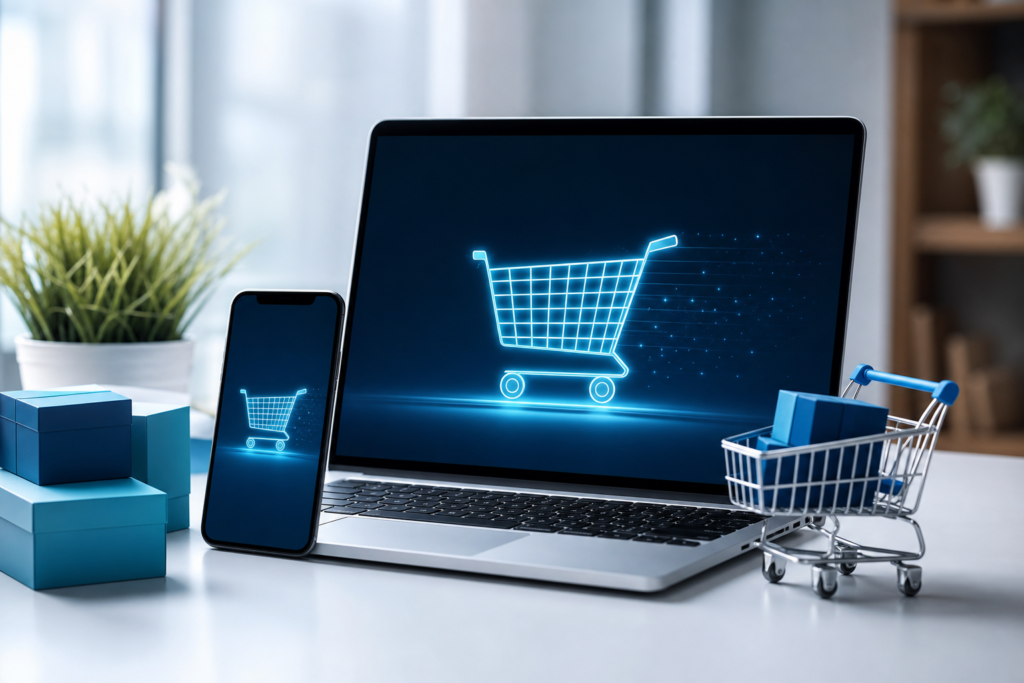 Modern ecommerce cart and checkout experience on laptop and smartphone