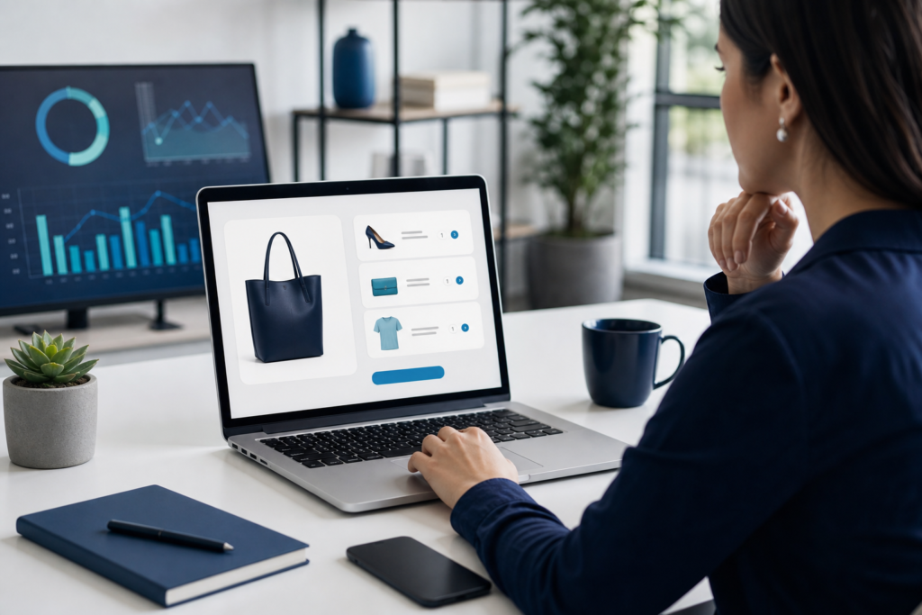 Professional editorial scene showing ecommerce cart optimization planning on a laptop in a modern workspace