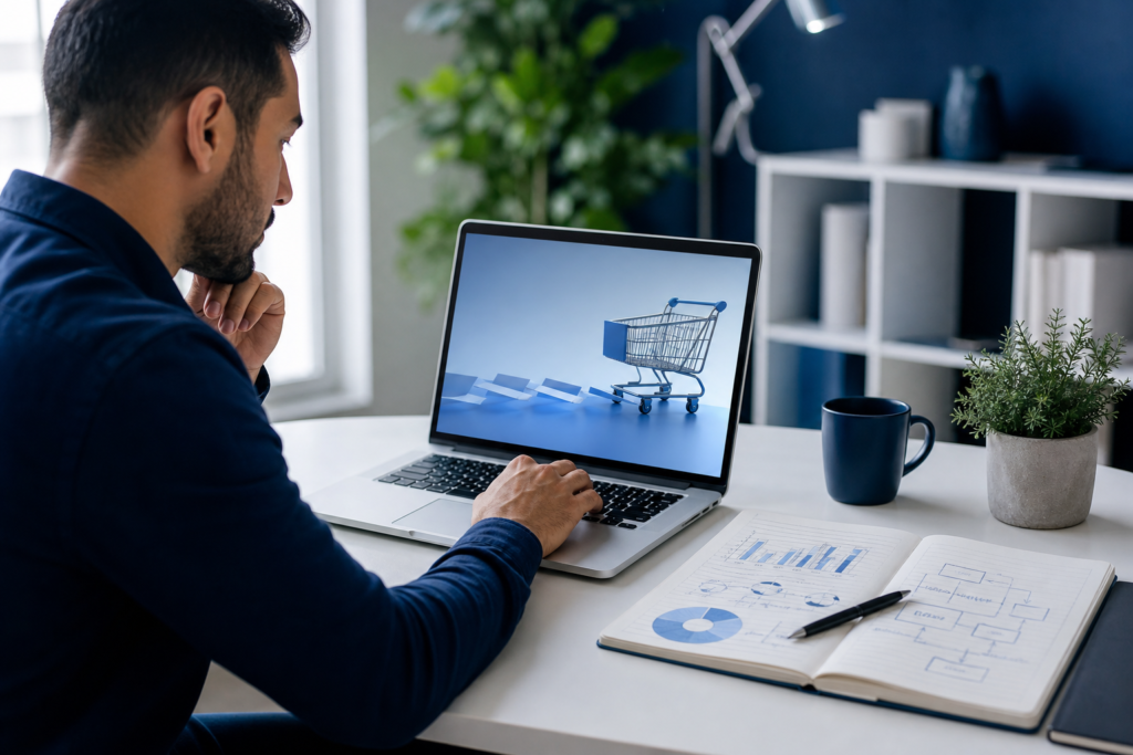 Professional editorial image of an ecommerce specialist reviewing a shopping cart checkout flow